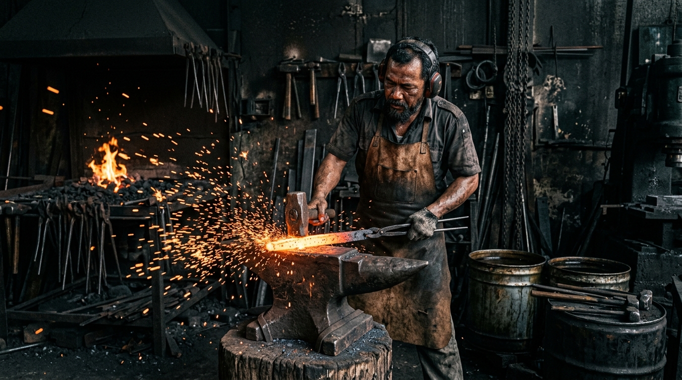 Bladesmith forging on anvil in Tegal